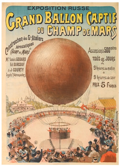 EMIL LÉVY (1826-1890). GRAND BALLON CAPTIF DU CHAMP DE MARS. 1895. 50x36 inches, 129x93 cm. Emil Levy, Paris.